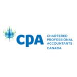 A logo for CPA Canada featuring a pixelated maple leaf in shades of green and blue on the left, with bold blue letters CPA beside the text Chartered Professional Accountants Canada; representing professionalism and national identity.