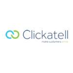 The Clickatell logo; shows two interlocking loops in blue and green forming an infinity-like symbol; beside the company name written in sleek dark gray text with the tagline make customers smile in light gray and green underneath, representing connection and positivity.