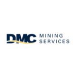 The DMC Mining Services logo; features the bold navy-blue letters DMC with a sweeping yellow curve cutting through the middle of the text; accompanied by the words MINING SERVICES in smaller uppercase navy letters to the right, all set on a clean white background.