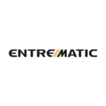 A logo with the word Entrematic in bold black uppercase letters featuring diagonal stripes in red, yellow, and orange between the letters R and M; conveying motion, energy, and innovation.