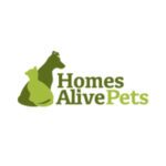 Logo for Homes Alive Pets, featuring green silhouettes of a cat and a dog sitting together on the left, with the company name in dark and light green text on the right — representing companionship, care, and a natural focus on pet well-being.