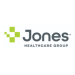 Logo for Jones Healthcare Group, featuring a lime green geometric cross symbol on the left, with the company name in modern gray lettering and the tagline Healthcare Group below — representing innovation and reliability in healthcare packaging and wellness solutions.