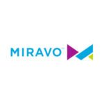 Logo displaying the word MIRAVO in bold blue uppercase letters followed by an abstract geometric design composed of overlapping shapes in purple, blue, and lime green; clean and modern layout on a white background representing a contemporary brand identity.