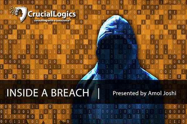 An image featuring a hooded figure set against a background of binary code in shades of gold and blue; the Crucial Logics logo appears at the top left, and the text “Inside a Breach | Presented by Amol Joshi” is displayed across a dark horizontal band.