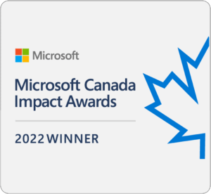 A graphic displaying the Microsoft logo and text reading Microsoft Canada Impact Awards; 2022 Winner. A blue geometric maple leaf outline appears on the right, representing Canadian recognition and achievement.