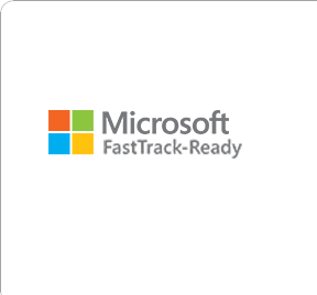 The image shows the Microsoft FastTrack-Ready logo centered on a white background. The logo consists of four small colored squares forming the Microsoft symbol — red (top left), green (top right), blue (bottom left), and yellow (bottom right) — positioned to the left of the text
