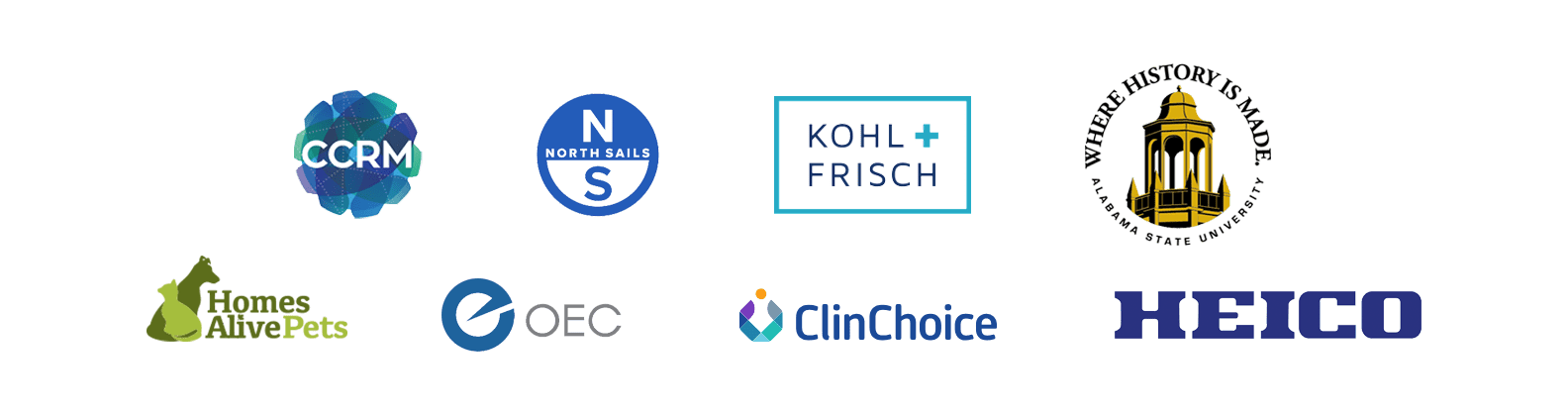 Collection of company and organization logos arranged in two rows – includes designs for CCRM, North Sails, Kohl + Frisch, Alabama State University, Homes Alive Pets, OEC, ClinChoice, and HEICO; displayed on a light gray background representing partnerships or affiliations.