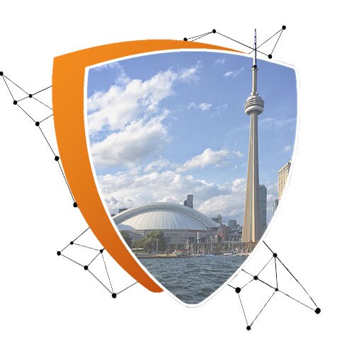 Shield-shaped graphic featuring a city skyline with a tall observation tower and domed stadium beside a waterfront – an orange border with connected black nodes surrounds the image, symbolizing innovation, connectivity, and protection.