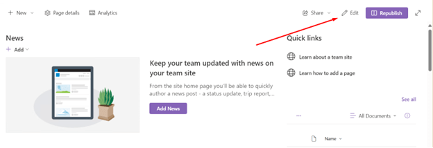 The SharePoint interface showing the options to edit and republish a news post.