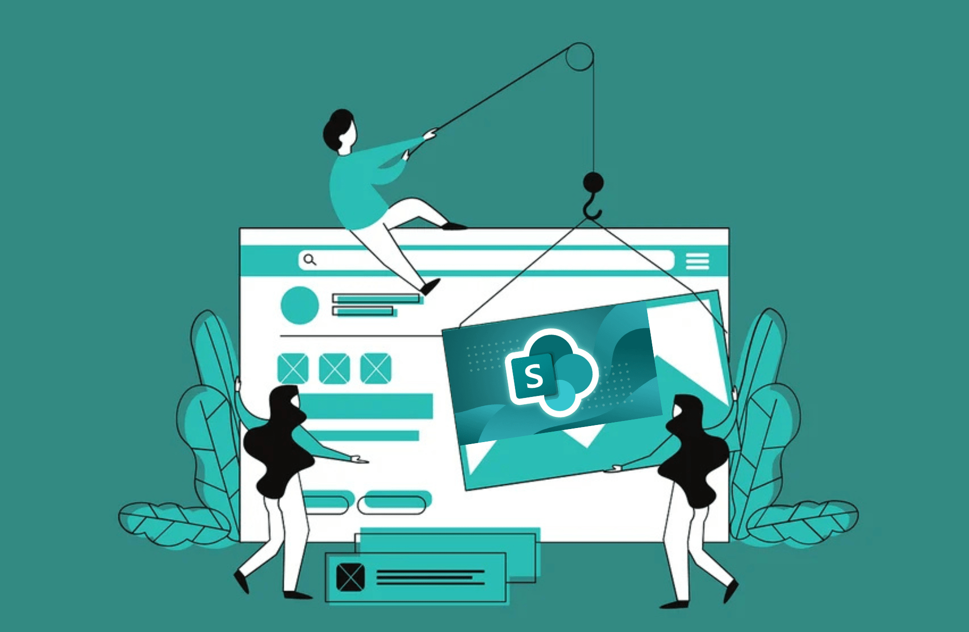Illustration of three people collaboratively designing a web interface with the SharePoint logo being lifted onto a large browser window; the background is teal, and the image symbolizes teamwork and digital workspace creation in a modern, minimalistic style.
