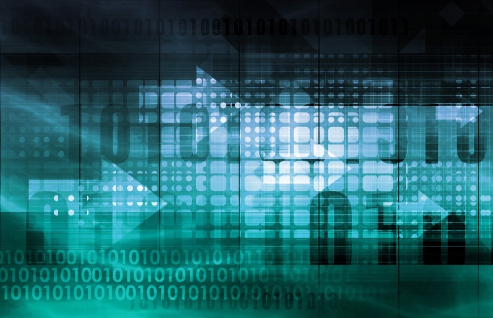 A digital abstract background in shades of teal and black featuring binary code, arrows, and geometric patterns symbolizing data flow, technology, and digital transformation.