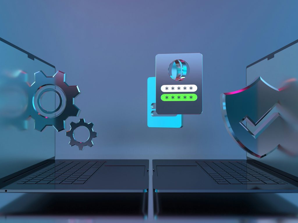 A 3D digital illustration showing two laptops facing each other with floating icons of gears, a password login form, and a security shield, symbolizing cybersecurity trends and secure system access.