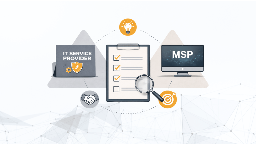 Graphic for blog “How to Choose an IT Managed Service Provider” showing IT managed service provider and MSP comparison with checklist on clipboard, magnifying glass, handshake, shield, gear, lightbulb, and target icons in a connected network design.
