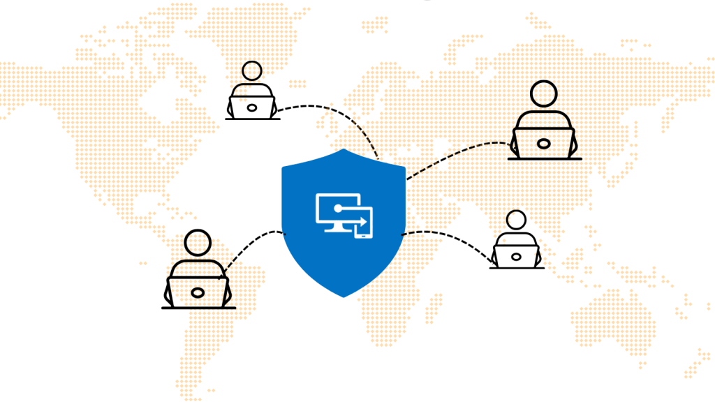 Microsoft Intune featured image showing users with laptops around a world map connected to a central security shield representing cloud-based device management.