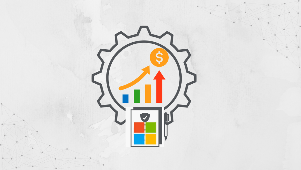 An illustration of a gear with a rising bar chart and dollar sign arrow, representing “4 Signs Your Organization Is Overpaying for Microsoft Licenses,” with a Microsoft-style document and pen below on a gray background.