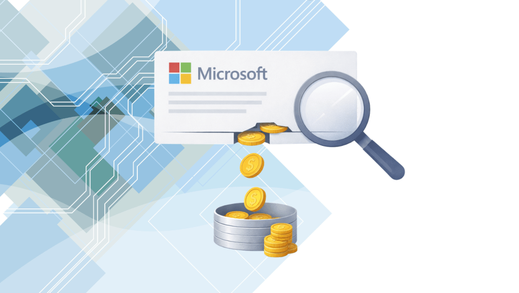 Microsoft license management illustration with Microsoft card under magnifying glass and coins falling into a stack, representing costly mistakes in license costs and auditing.