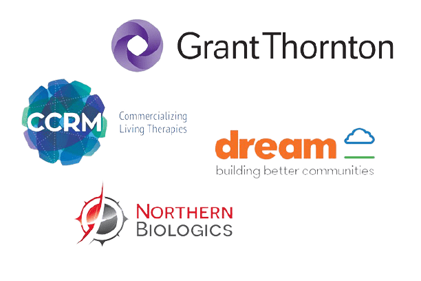 Collage of four company logos on a light background; top features the purple circular Grant Thornton logo with text beside it; below left, the colorful geometric CCRM logo with tagline Commercializing Living Therapies; to the right, the orange and blue dream logo with a small cloud icon and tagline building better communities; bottom shows the Northern Biologics logo with a red and gray compass-style symbol and accompanying text.