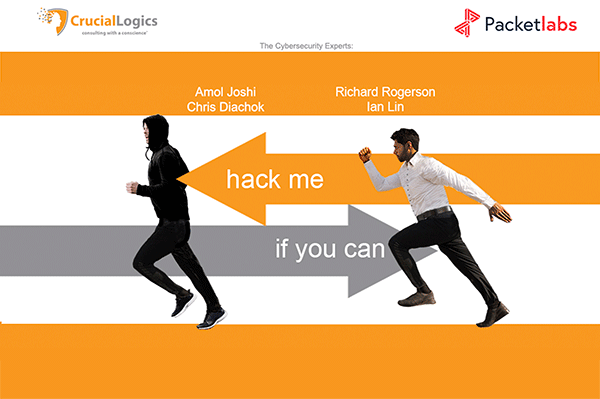An image featuring two people running toward each other; one dressed in black representing a hacker and the other in business attire symbolizing cybersecurity defense. Orange and gray arrows contain text reading hack me and if you can; Crucial Logics and Packetlabs logos appear at the top with names of cybersecurity experts listed.