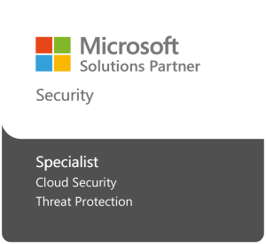 Microsoft Solutions Partner badge – featuring the Microsoft logo with text highlighting specialization in Security; lower section emphasizes Specialist areas including Cloud Security and Threat Protection on a dark gray background.