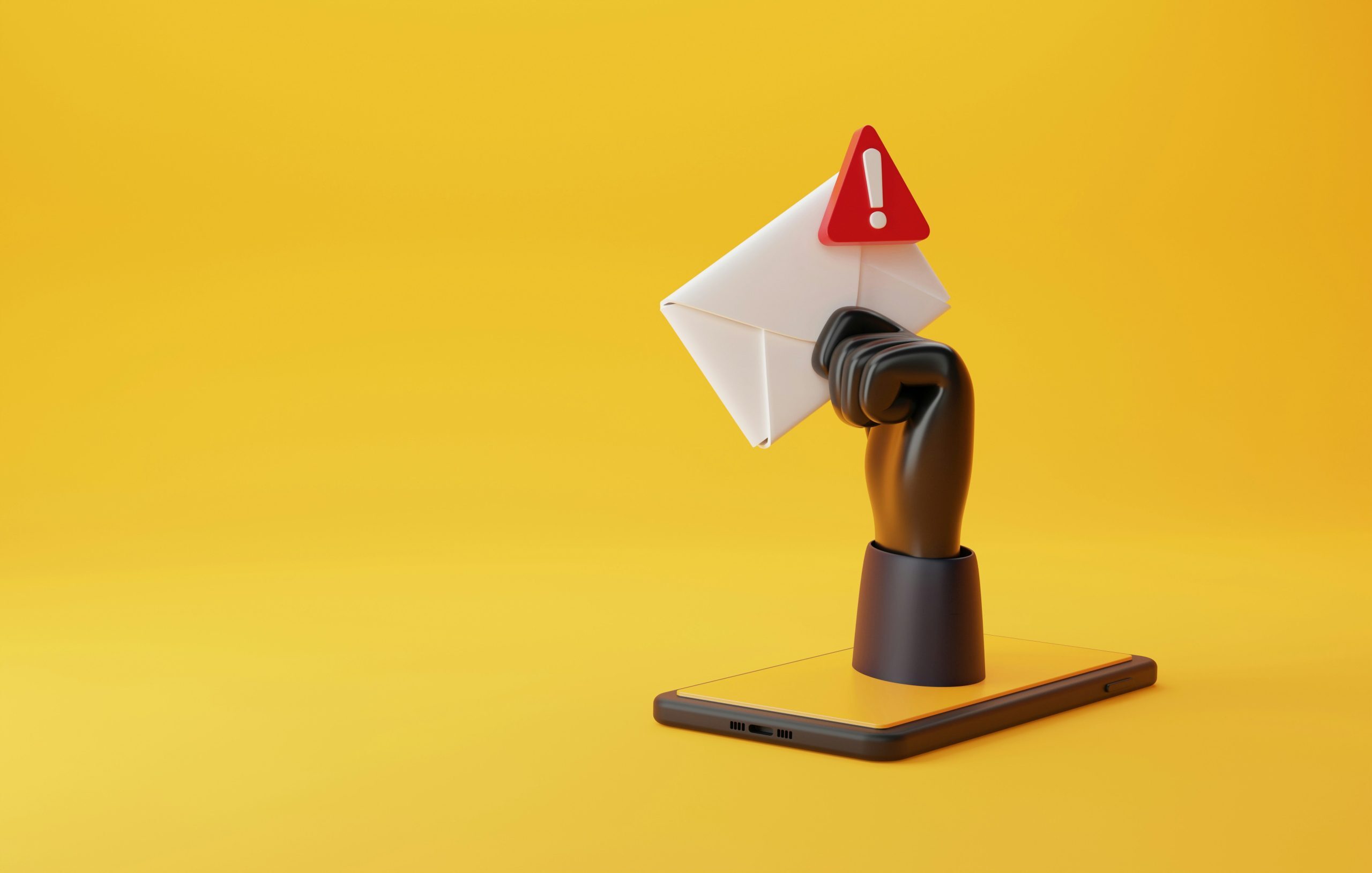 A 3D illustration of a smartphone with a black hand emerging from it holding an envelope marked with a red exclamation warning sign; symbolizing phishing, email scams, or cybersecurity threats.