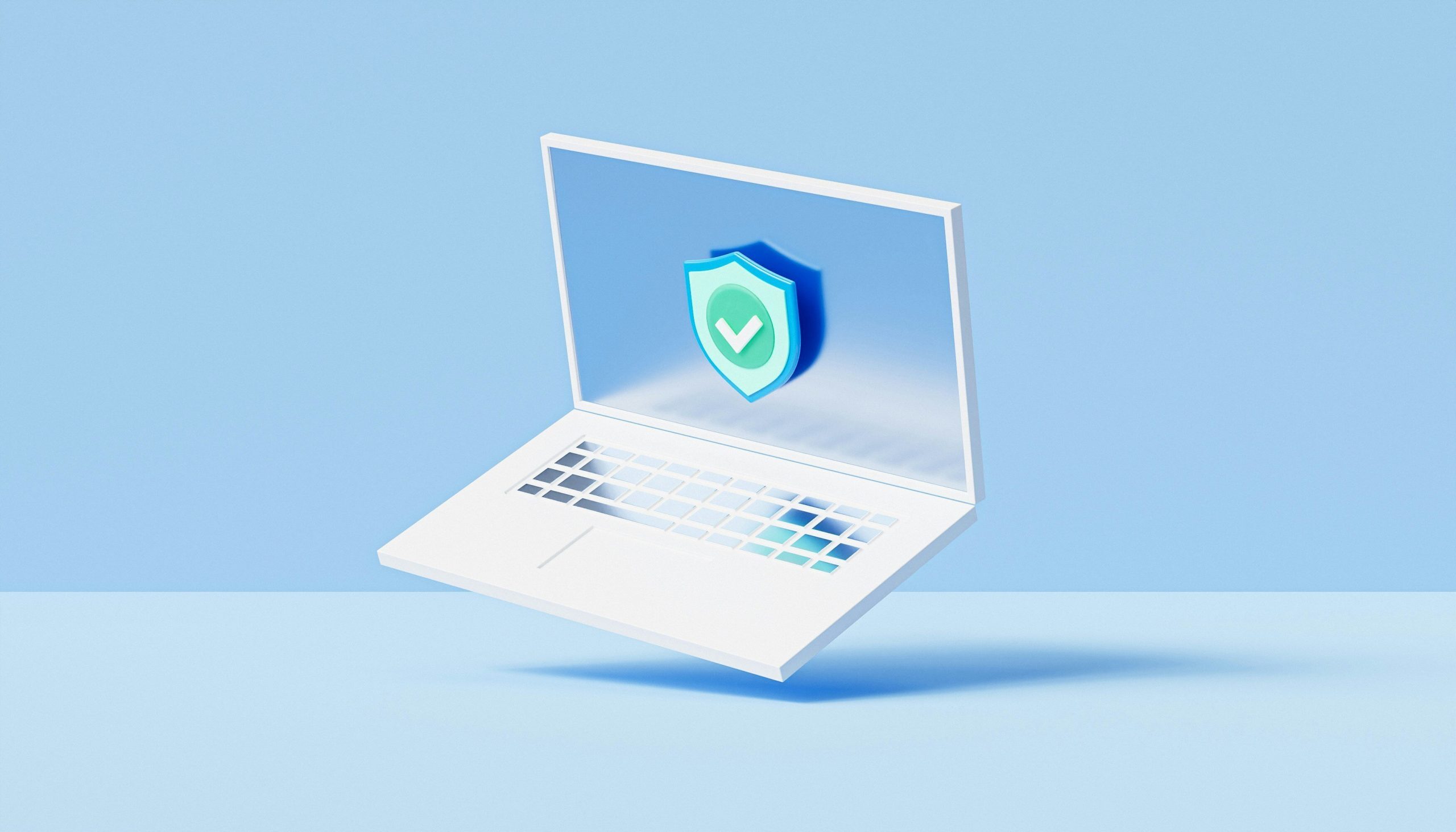 A 3D illustration of a laptop with a shield and checkmark symbol on its screen, representing cybersecurity, system protection, and safe digital operations.