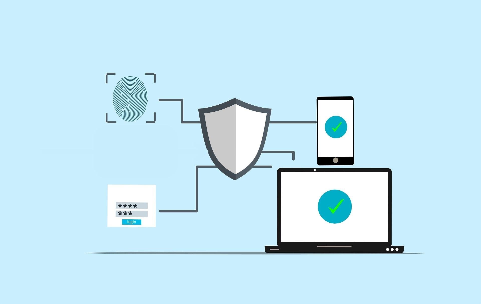 A digital illustration showing a fingerprint, password field, laptop, and smartphone connected to a central shield icon; representing cybersecurity, authentication, and data protection across devices.
