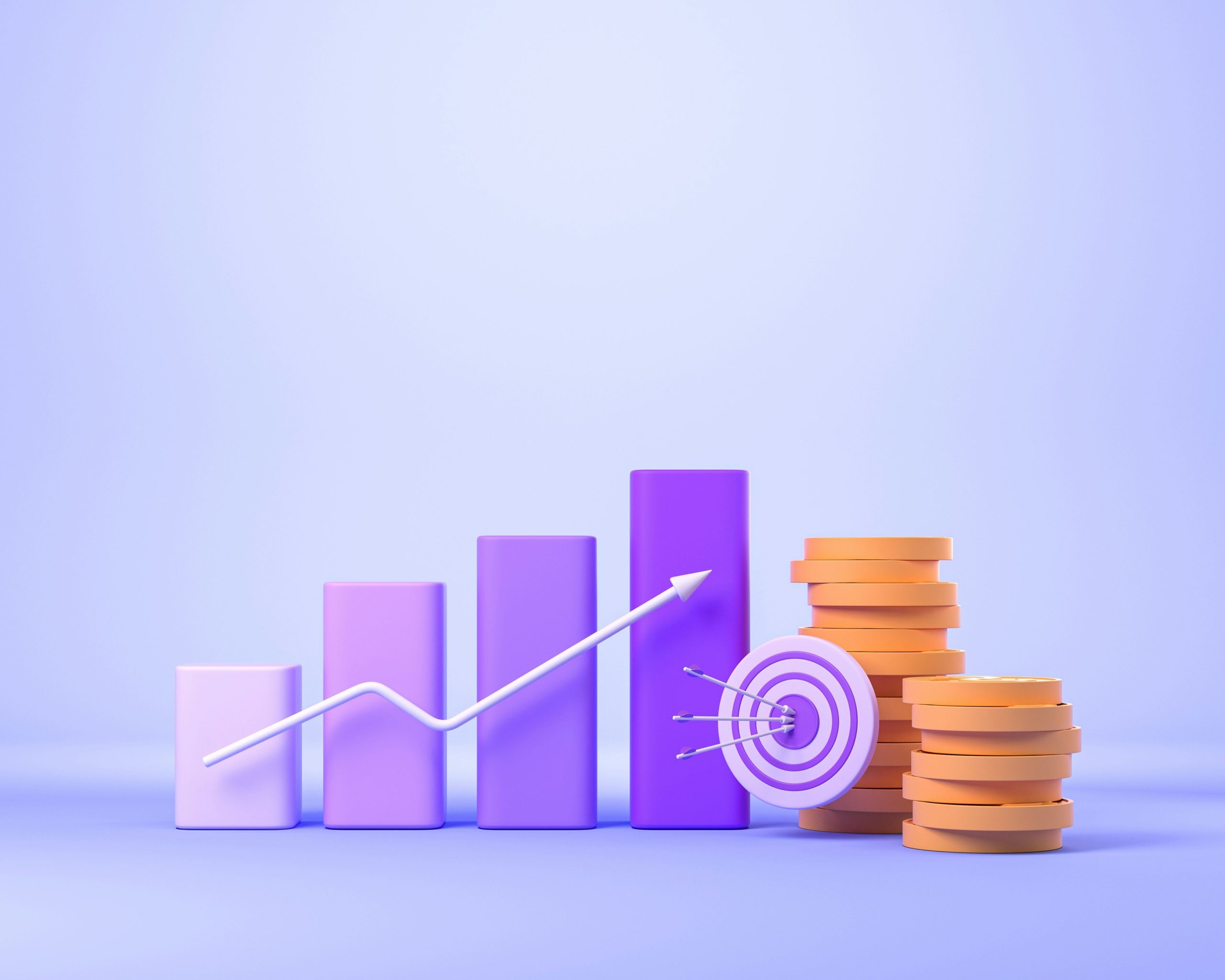 3D illustration of a rising bar chart with a white upward arrow, a stack of coins, and a target with arrows hitting the center, representing financial growth, business success, and goal achievement.