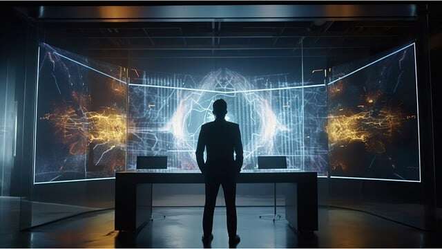 A man standing on a screen with neural networks - SOCaaS