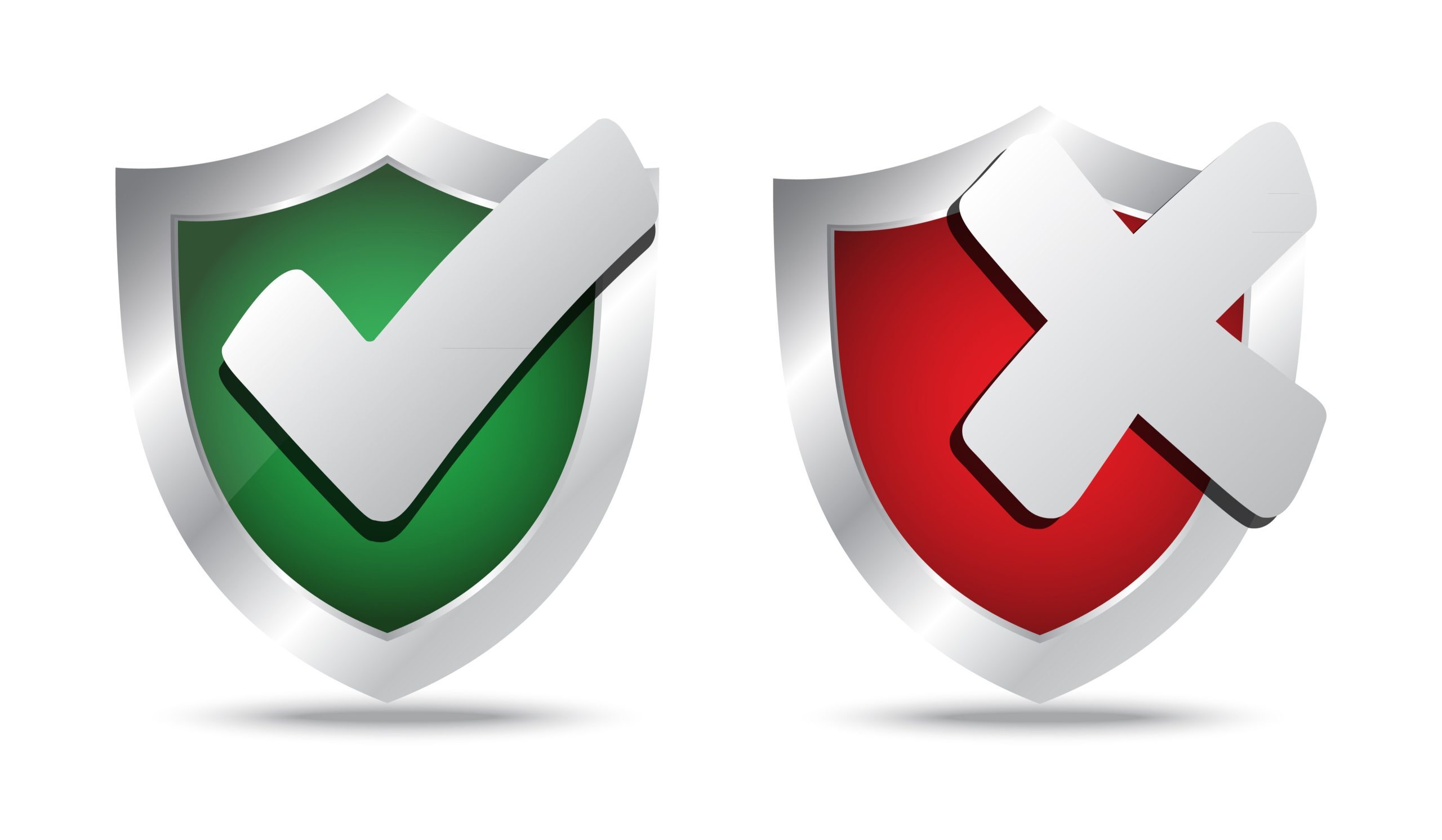 Two metallic shields side by side; one green with a white checkmark symbolizing success or security, and the other red with a white cross indicating error or failure.