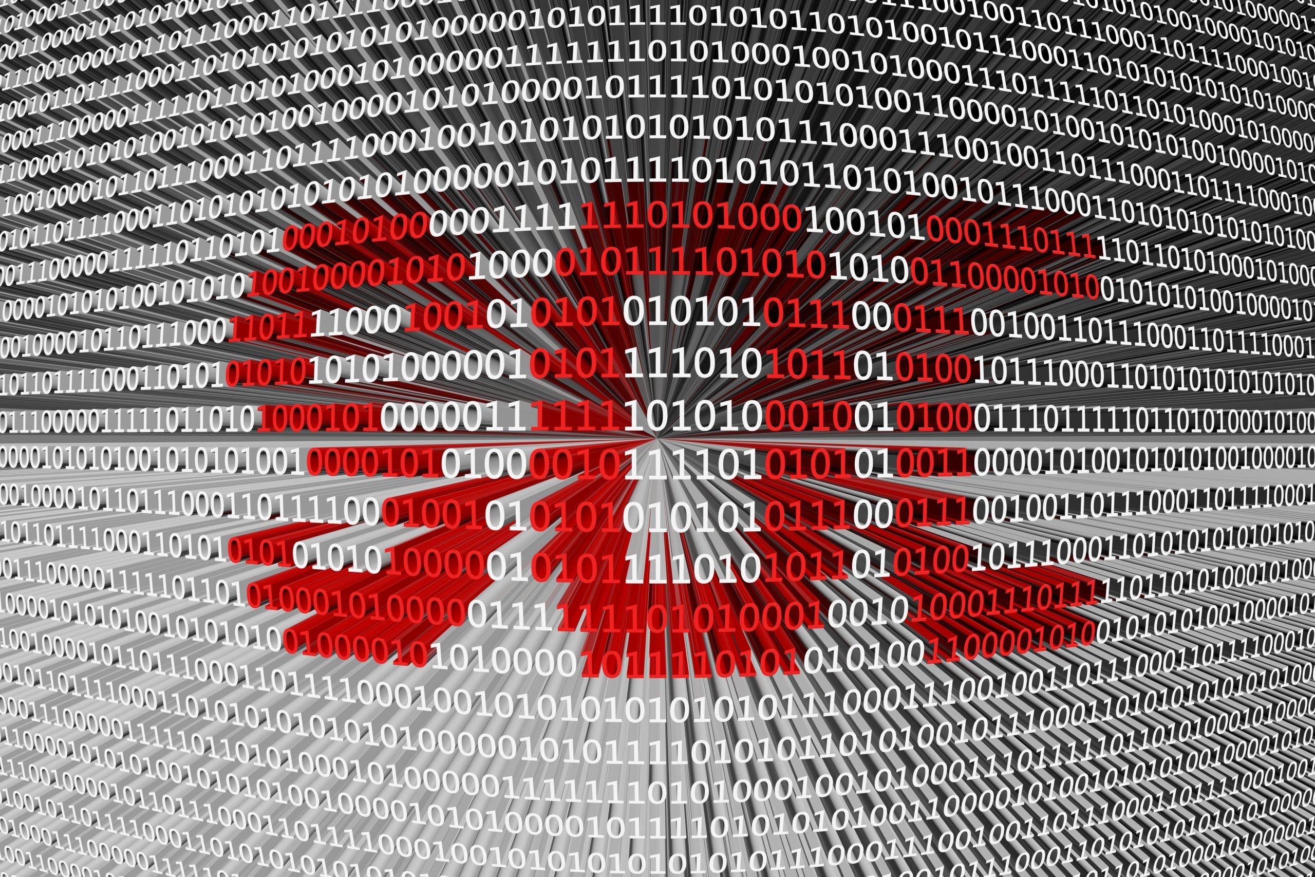 A digital illustration featuring binary code forming a red skull and crossbones symbol; representing cyber threats, malware, or data breaches.