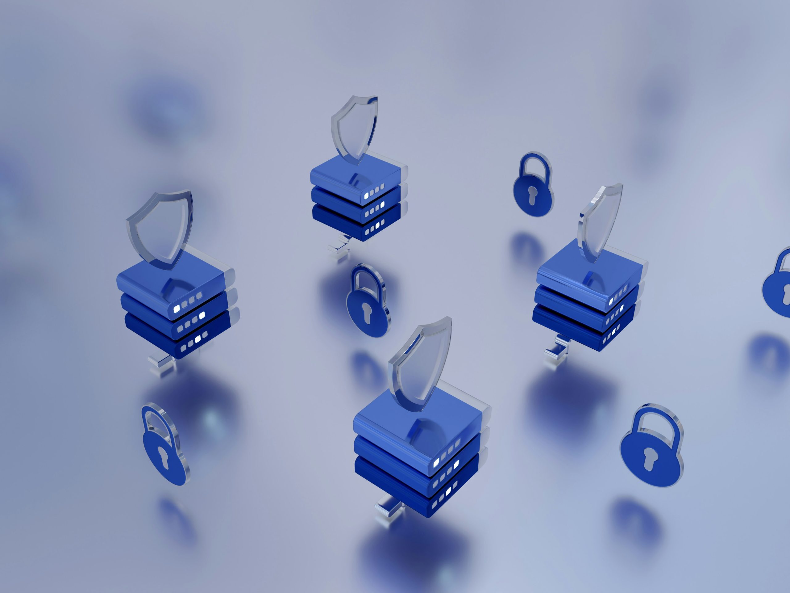 A 3D illustration of blue server stacks topped with shields and surrounded by padlock icons, symbolizing secure data storage and cybersecurity protection.