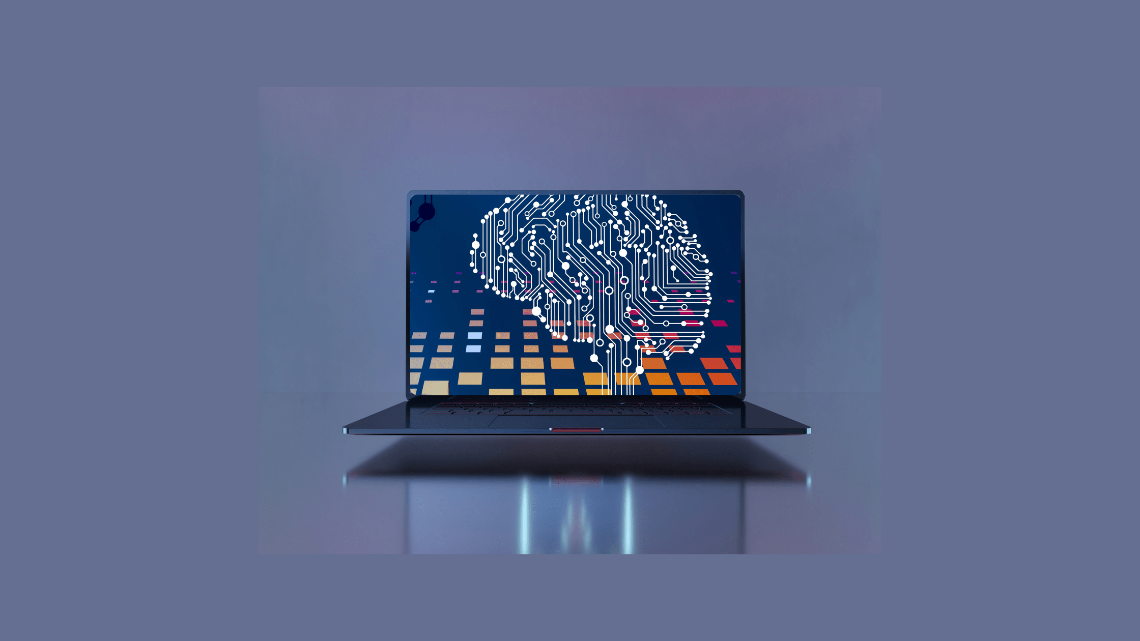 This image shows a laptop displaying a digital illustration of a brain made of circuit lines, symbolizing artificial intelligence and machine learning.