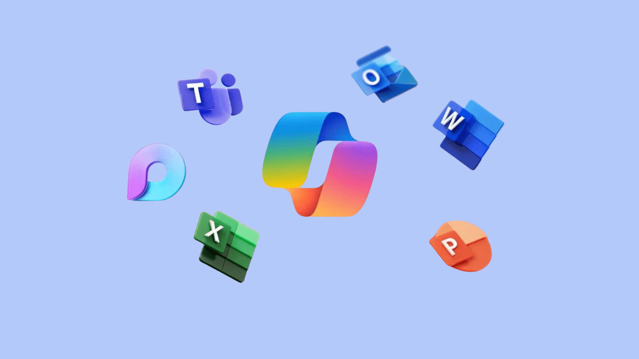 This image features the Microsoft Copilot logo at the center, surrounded by icons of various Microsoft 365 apps — Teams (T), Outlook (O), Word (W), PowerPoint (P), Excel (X), and Loop (L). It visually represents the integration of Copilot AI across Microsoft’s productivity suite, all set against a light blue background.