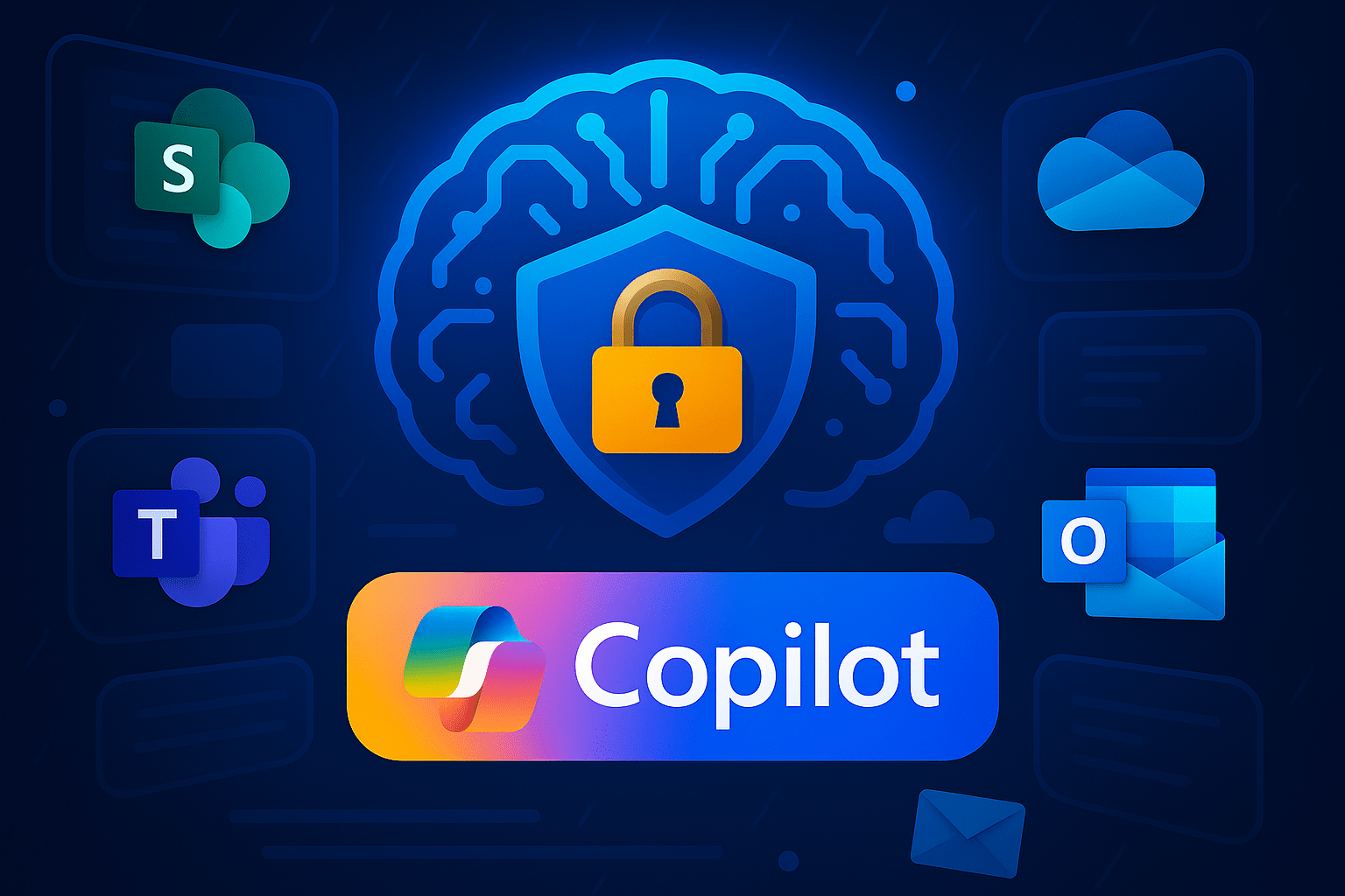 A digital graphic showing a glowing lock inside a shield overlaid on a brain outline, symbolizing AI security. Surrounding it are Microsoft app icons including SharePoint, OneDrive, Teams, and Outlook, with the Copilot logo at the bottom.