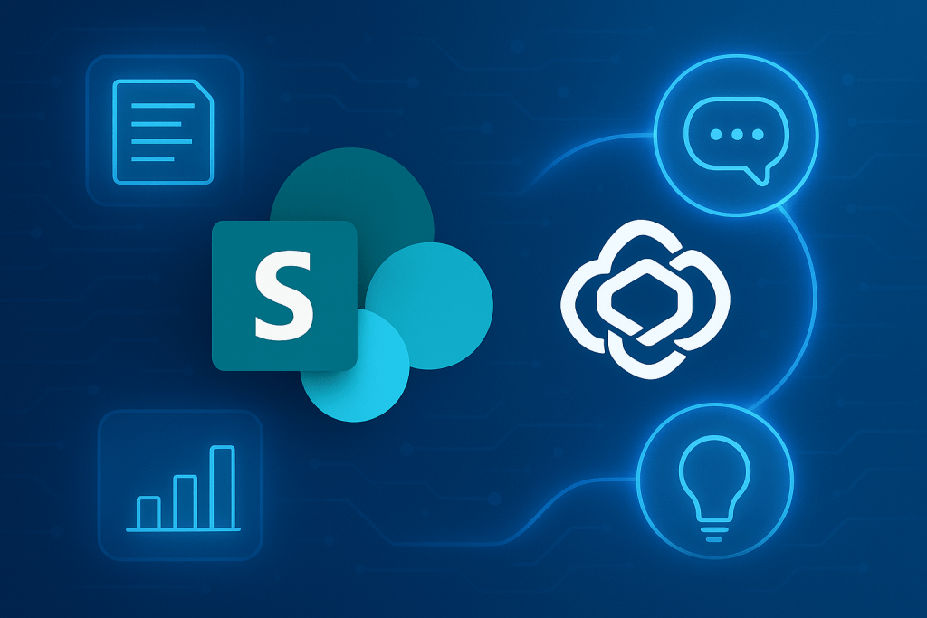 A digital graphic showing the Microsoft SharePoint logo on the left and the Microsoft Copilot logo on the right, surrounded by glowing icons of a chat bubble, light bulb, document, and bar chart, representing collaboration, innovation, and data insights.
