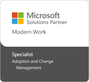 A badge displaying the Microsoft logo with text reading “Microsoft Solutions Partner – Modern Work” on a white background.