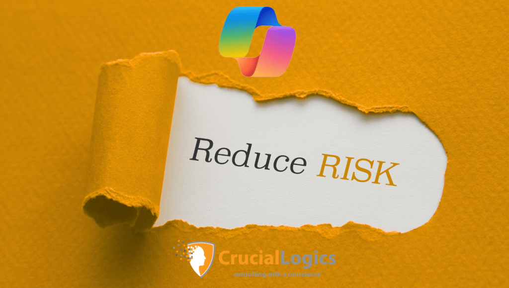 Torn orange paper revealing the words Reduce RISK beneath, with the CrucialLogics logo and slogan consulting with a conscience displayed below. A colorful ribbon-like icon appears at the top.