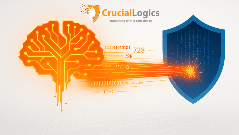 Illustration of an orange digital brain emitting data streams of binary code and text toward a blue shield with binary digits, symbolizing cybersecurity and artificial intelligence. The logo “CrucialLogics” with the tagline “consulting with a conscience” appears at the top.