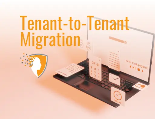 CrucialLogics graphic with the text Tenant-to-Tenant Migration, featuring a laptop with floating digital icons representing files, emails, and data transfer, symbolizing cloud migration.