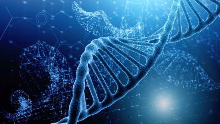 Digital illustration of a DNA double helix structure in blue tones, symbolizing genetics, molecular biology, or biotechnology.