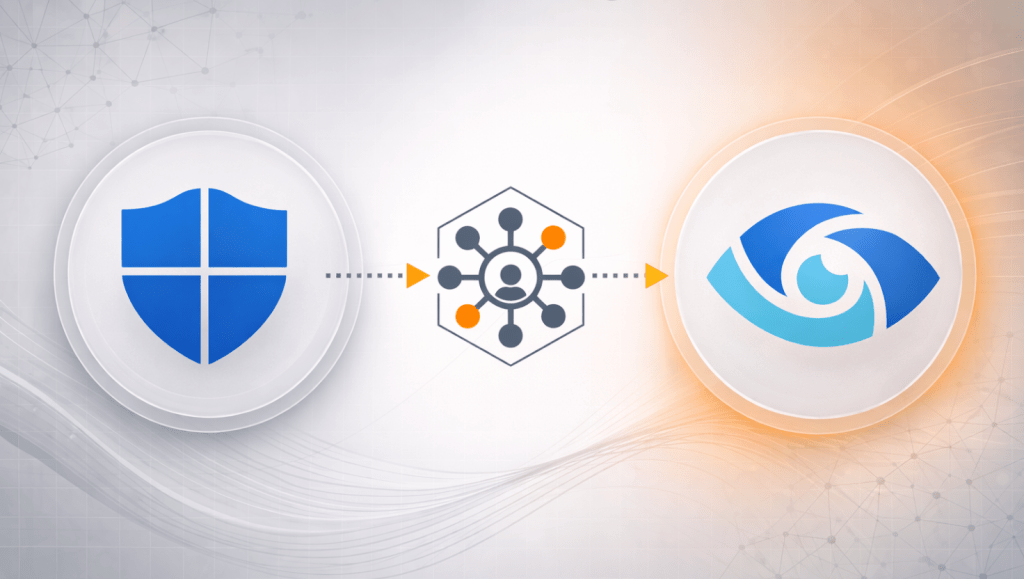 Diagram showing Microsoft Defender (blue shield icon) connected via a data flow arrow through a central identity/network hub to Microsoft Purview (blue eye icon), illustrating the integration between the two Microsoft security and compliance platforms.