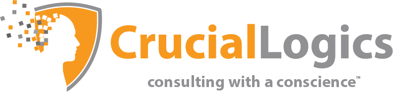 CrucialLogics logo showing an orange and gray shield with a white human profile dissolving into small squares - the text Crucial in orange and Logics in gray beside it - with the tagline consulting with a conscience below.
