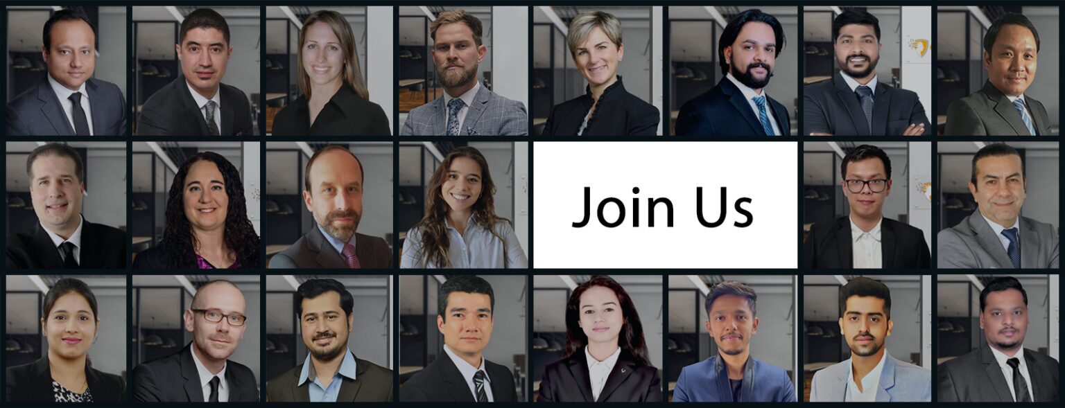 An image collage showing portraits of diverse professionals dressed in business attire arranged around a central white box with the text Join Us, representing a corporate recruitment or team invitation message.
