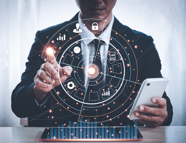 Businessman selecting settings icon in a cloud environment visualization.