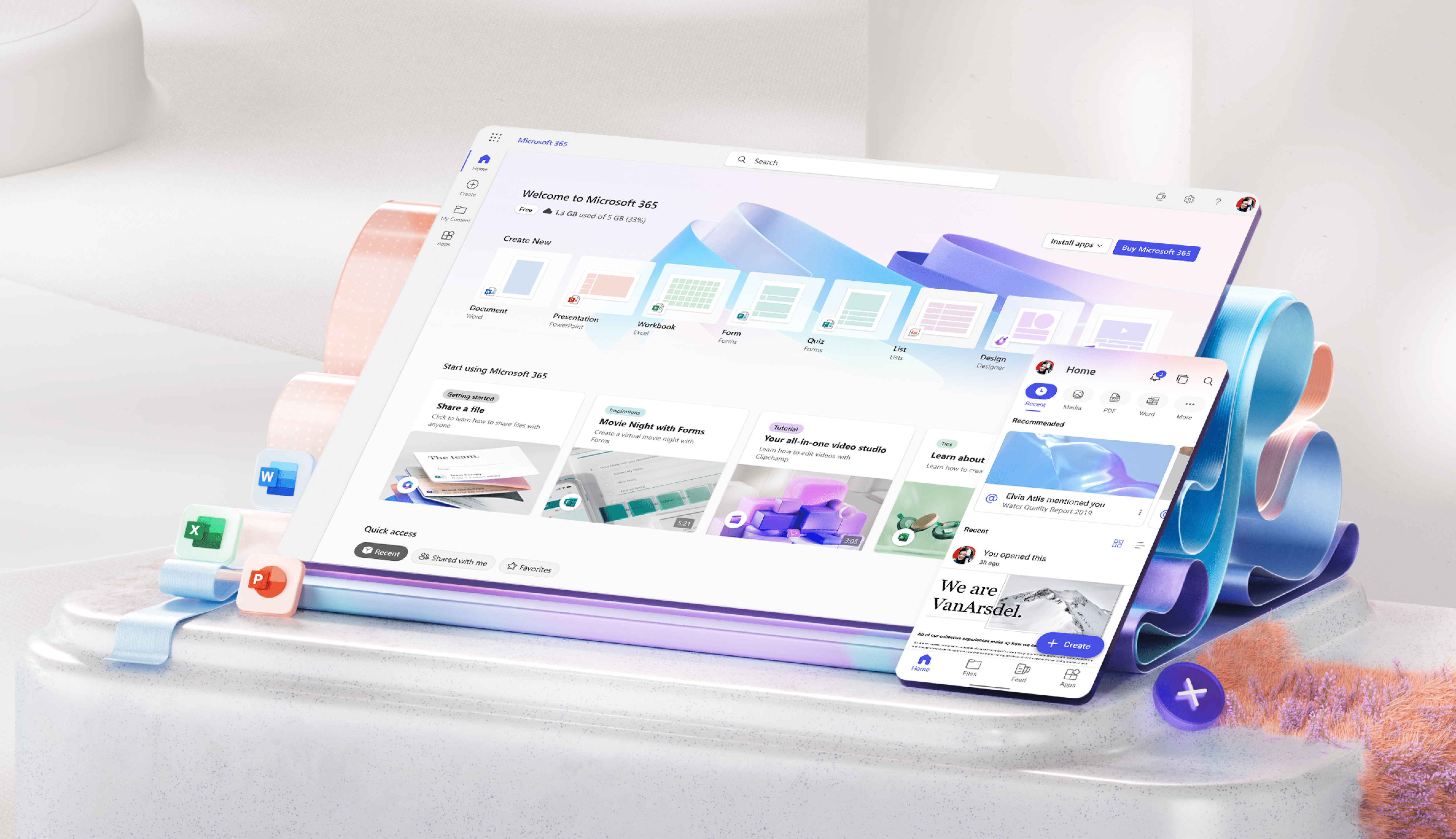 Modern digital workspace illustration showcasing the Microsoft 365 home screen on a tablet surrounded by 3D ribbon elements in pastel blue and pink tones. The interface displays productivity tools like Word, Excel, PowerPoint, and Outlook, symbolizing seamless collaboration and integrated app access within the Microsoft 365 ecosystem.