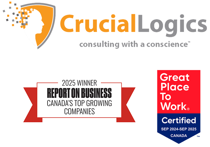 CrucialLogics logo with the tagline consulting with a conscience, alongside two awards — a red banner reading 2025 Winner, Report on Business, Canada’s Top Growing Companies, and a blue and red badge labeled Great Place to Work Certified, Sep 2024–Sep 2025, Canada.