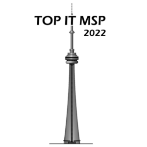 Monochrome illustration of a tall communications tower with the text TOP IT MSP 2022 positioned above it; minimalistic design symbolizing recognition or award status in the technology and managed services industry.
