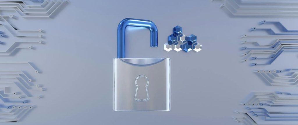 An image of a metallic open padlock with a blue shackle, surrounded by abstract geometric circuit patterns and hexagonal digital elements on a light blue background.