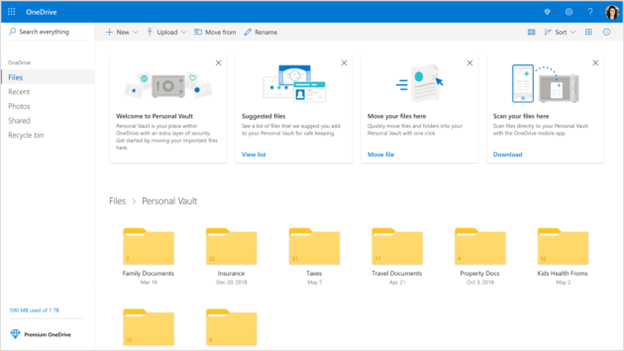 The OneDrive interface showing the Personal Vault feature with options to scan documents and move files into the vault.