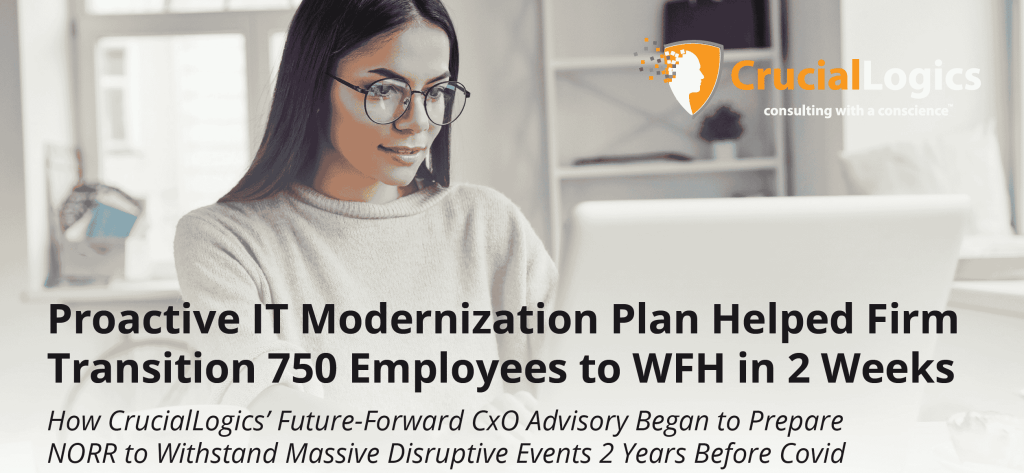 A CrucialLogics banner showing a woman wearing glasses working on a laptop in a home office setting. The text reads: Proactive IT Modernization Plan Helped Firm Transition 750 Employees to WFH in 2 Weeks. Below, it says: How CrucialLogics’ Future-Forward CxO Advisory Began to Prepare NORR to Withstand Massive Disruptive Events 2 Years Before Covid.